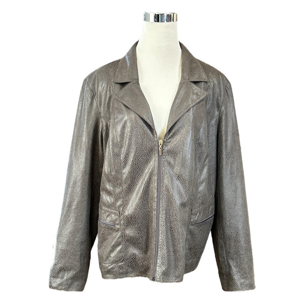 JM Collection Women's Brown Snake Print Faux Leather Jacket Lined Zip Size 16